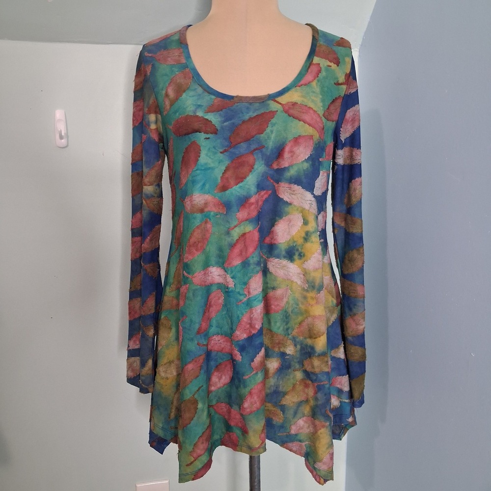 Soft Surroundings Tie Dye Burnout Leaf Tunic Top XS Blue Green Long Sleeve 2BW45